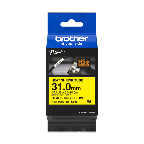 BROTHER Cinta tubo termorretractil. Texto negro sobre fondo amarillo. PTP900W, PTP950NW, PTD800W